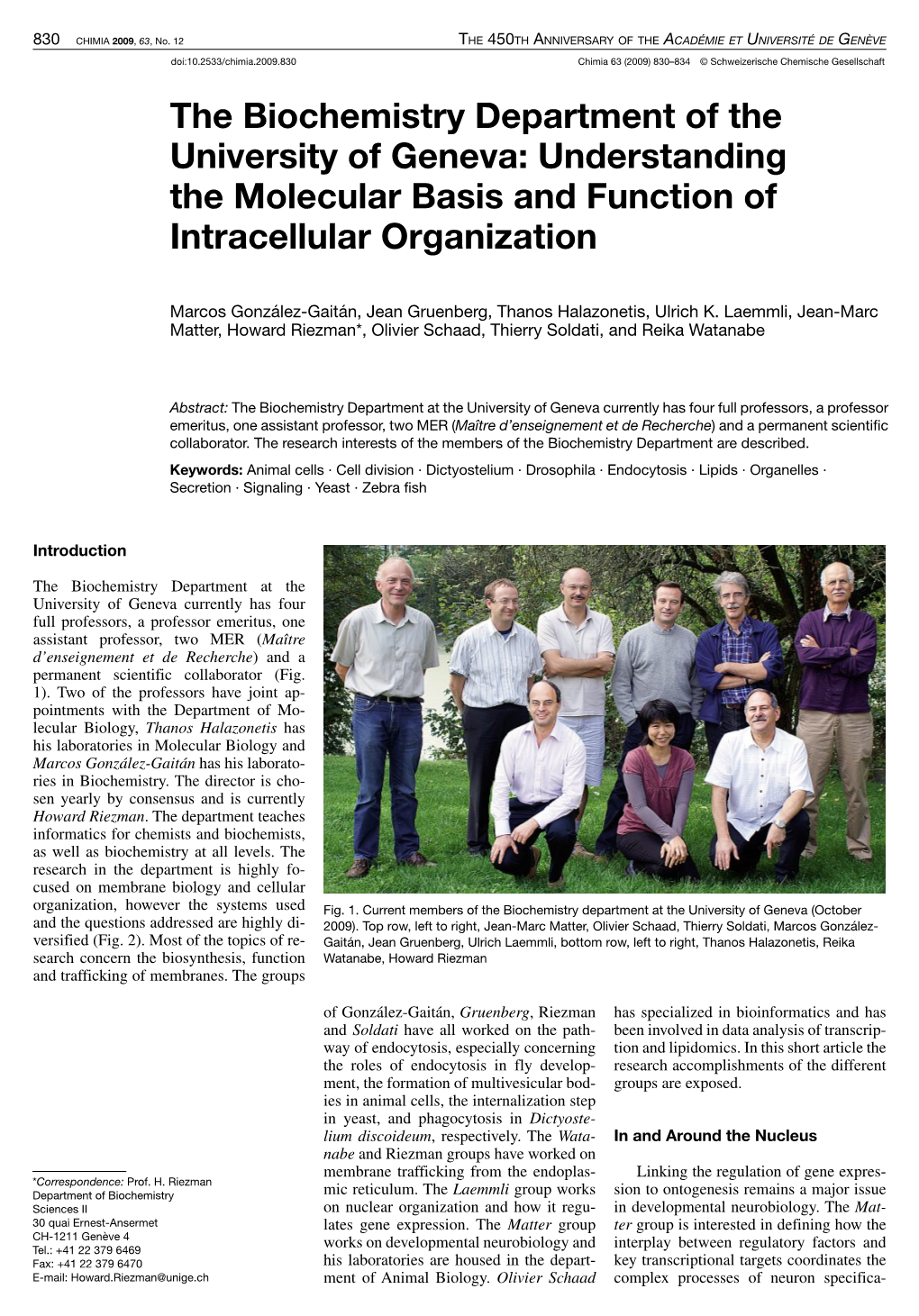 The Biochemistry Department of the University of Geneva: Understanding the Molecular Basis and Function of Intracellular Organization