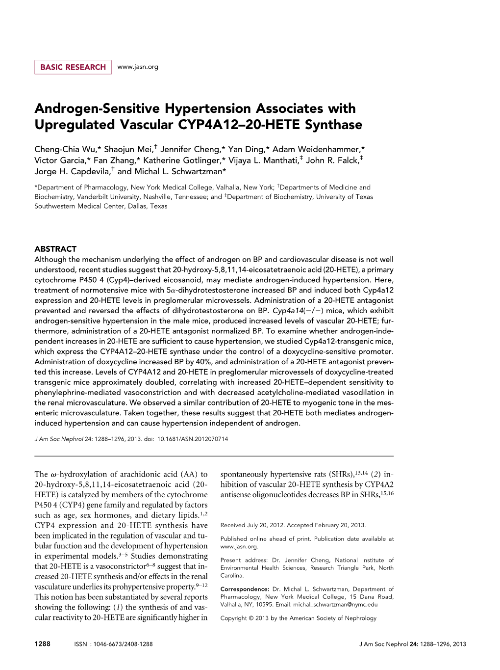 Androgen-Sensitive Hypertension Associates with Upregulated Vascular CYP4A12–20-HETE Synthase