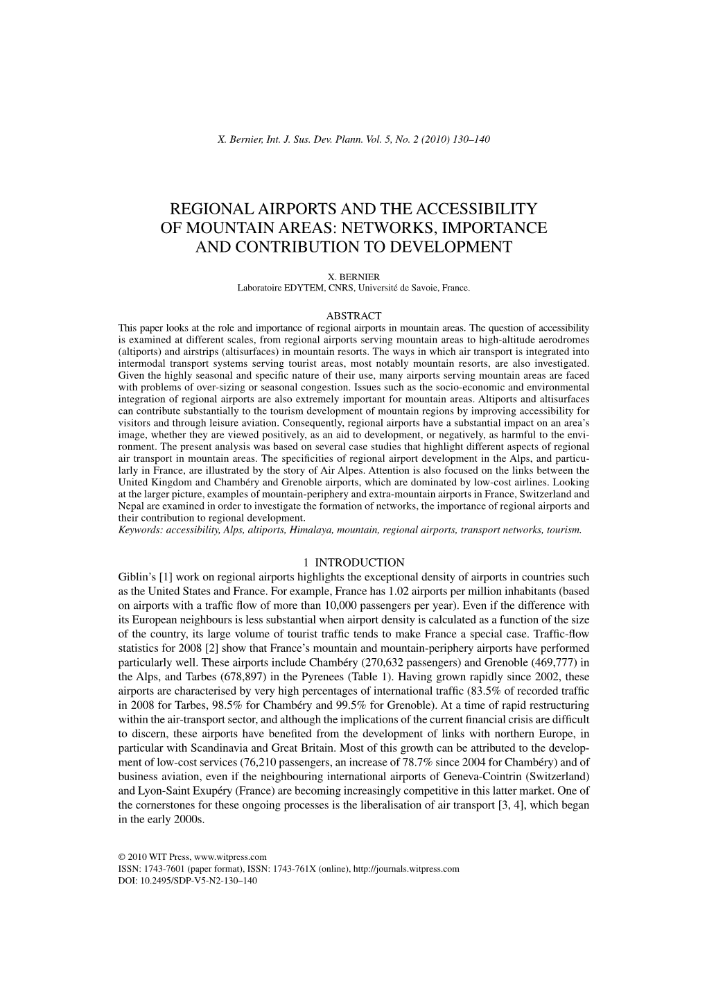 Regional Airports and the Accessibility of Mountain Areas: Networks, Importance and Contribution to Development