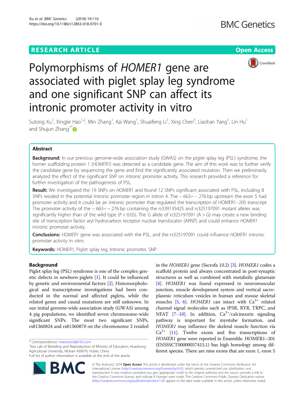 Polymorphisms of HOMER1 Gene Are Associated with Piglet Splay Leg