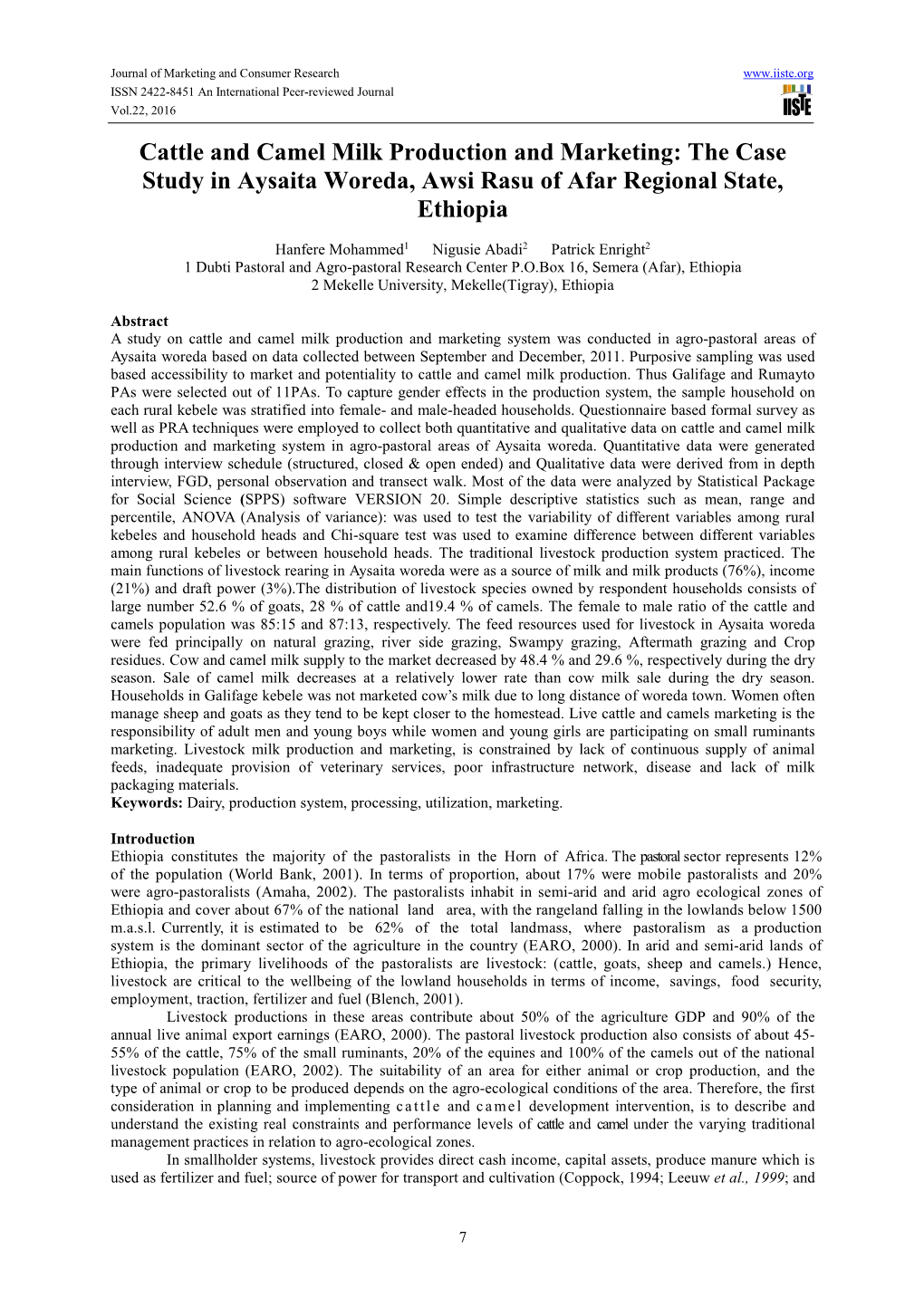 Cattle and Camel Milk Production and Marketing: the Case Study in Aysaita Woreda, Awsi Rasu of Afar Regional State, Ethiopia