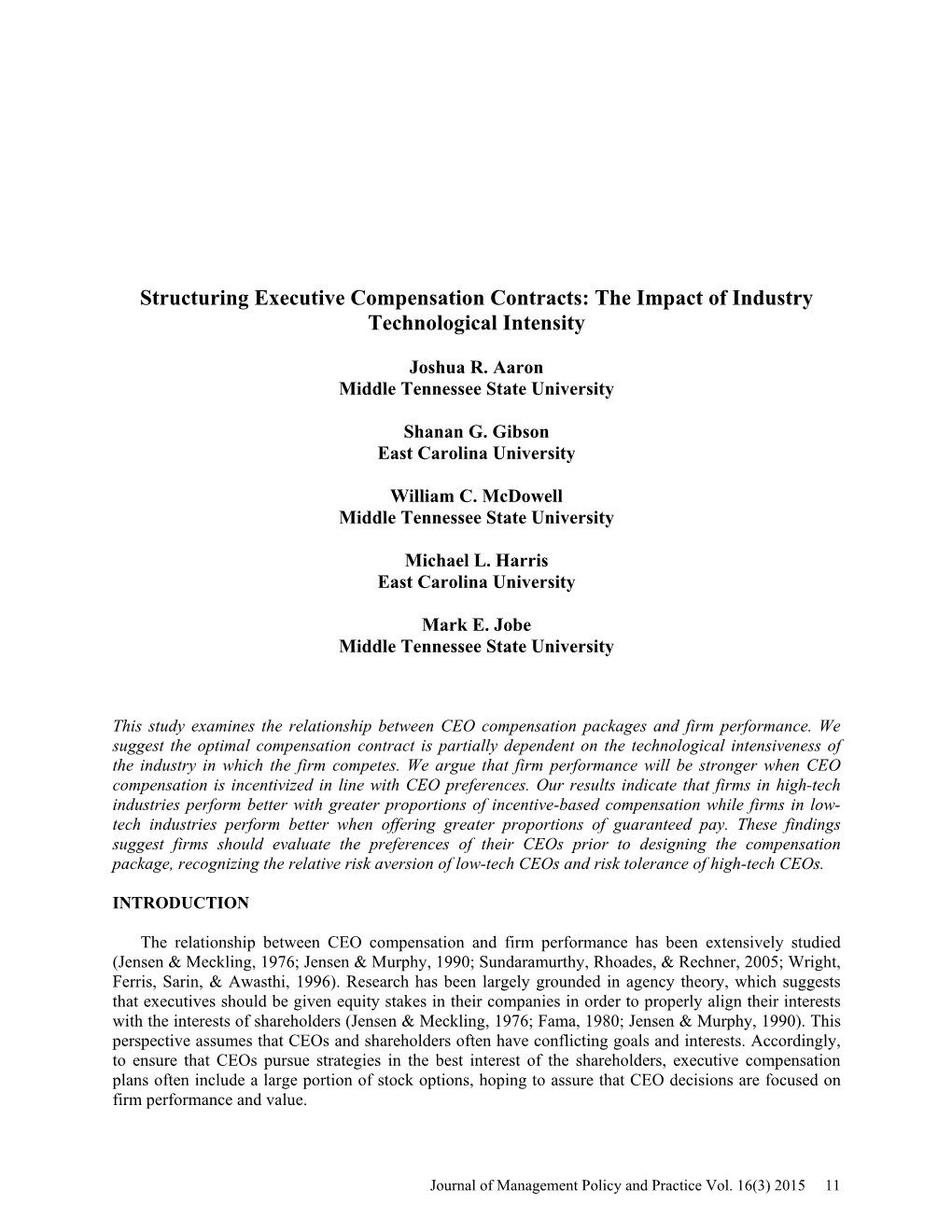Structuring Executive Compensation Contracts: the Impact of Industry Technological Intensity