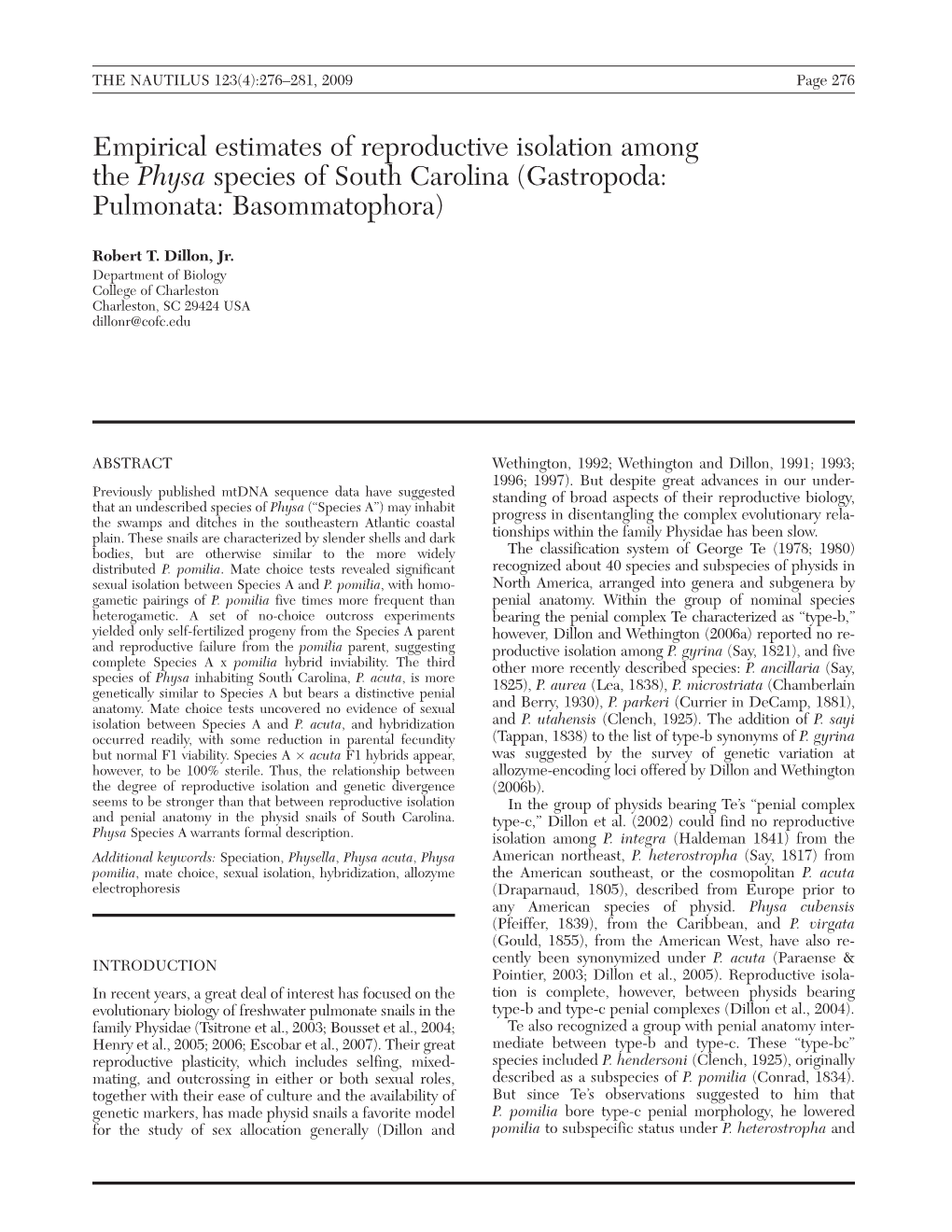 Empirical Estimates of Reproductive Isolation Among the Physa Species of South Carolina (Gastropoda: Pulmonata: Basommatophora)