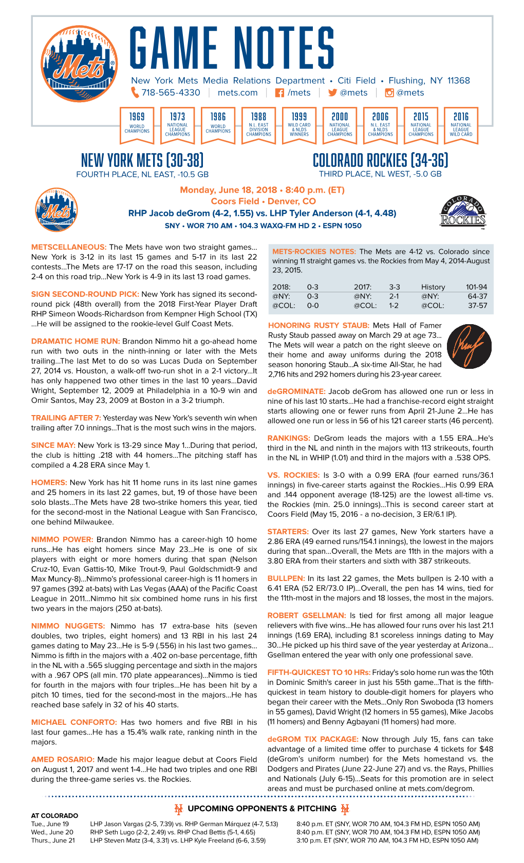 GAME NOTES New York Mets Media Relations Department • Citi Field • Flushing, NY 11368 718-565-4330 | Mets.Com | /Mets | @Mets | @Mets