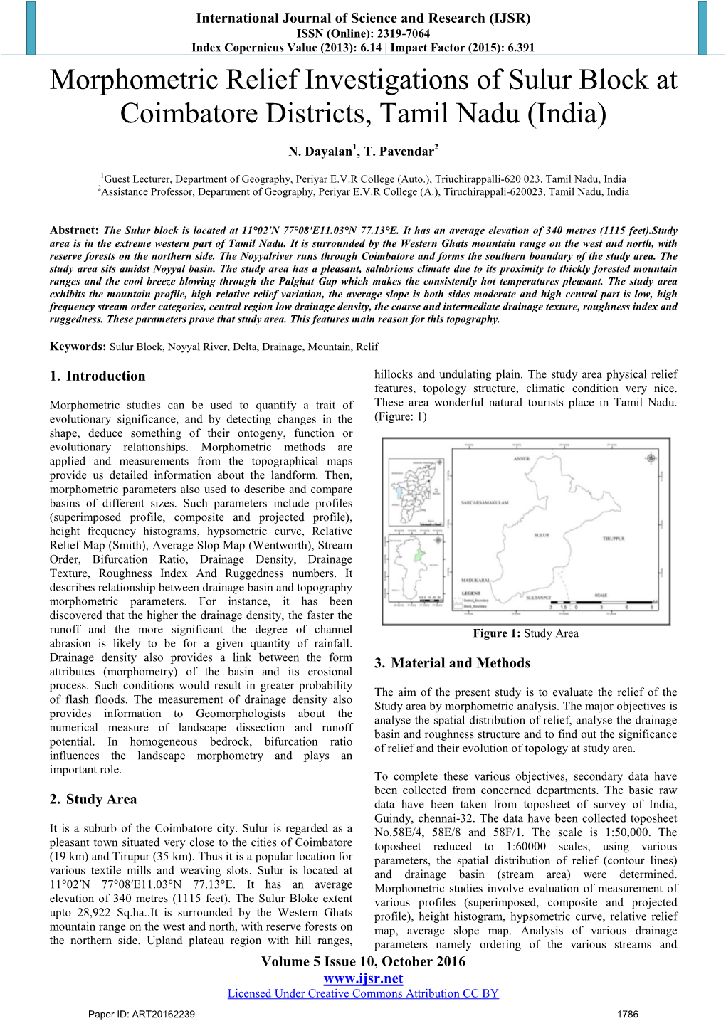 Morphometric Relief Investigations of Sulur Block at Coimbatore Districts, Tamil Nadu (India)