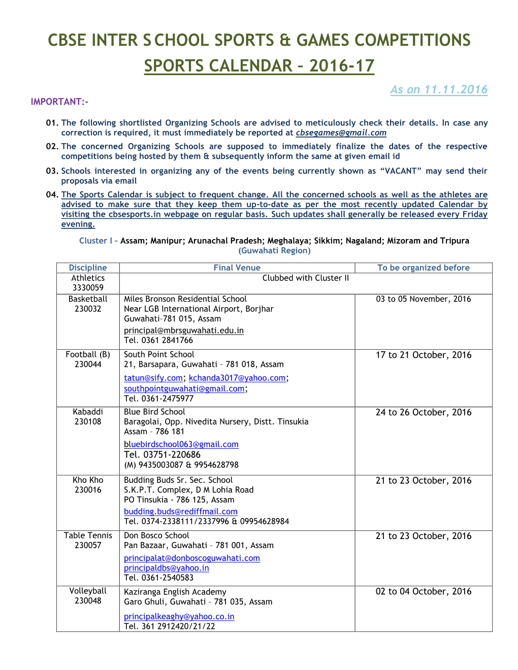 Cbse Inter School Sports & Games Competitions Sports Calendar