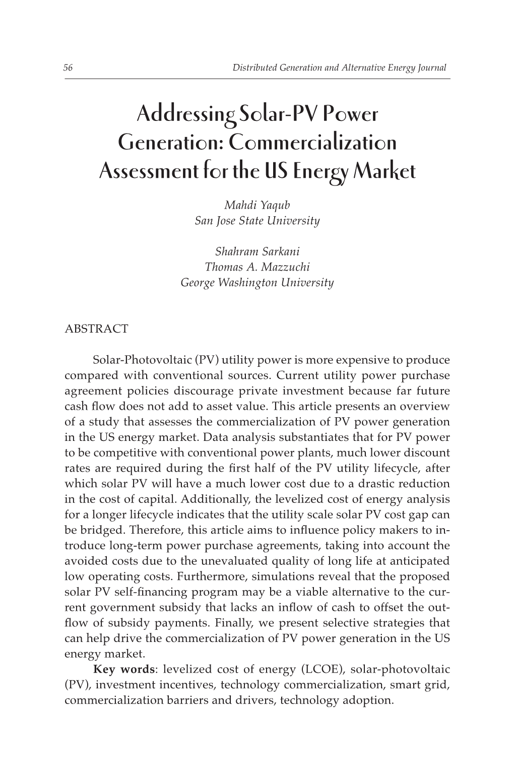 Addressing Solar-PV Power Generation: Commercialization Assessment for the US Energy Market