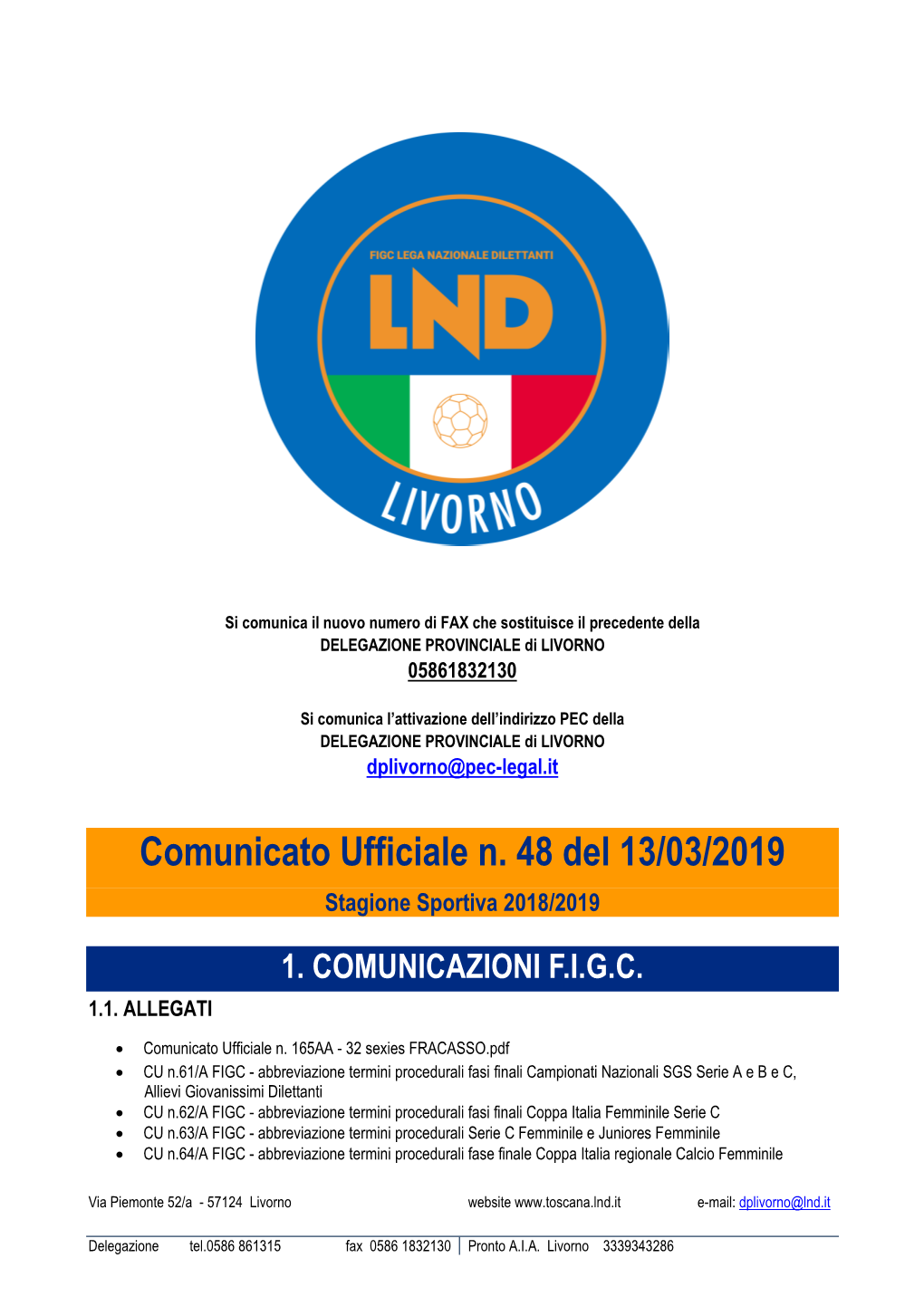 Comunicato Ufficiale N. 48 Del 13/03/2019