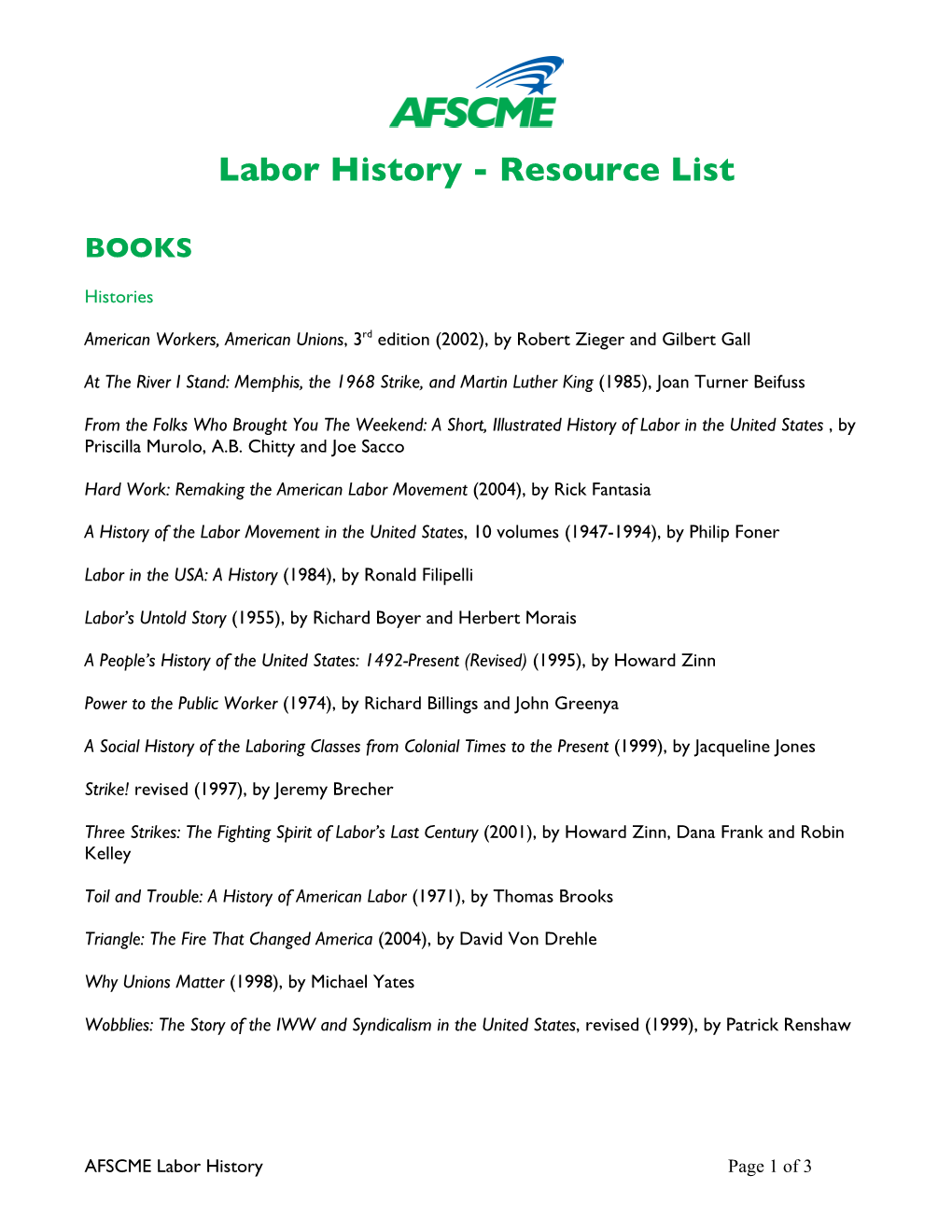 Labor History - Resource List