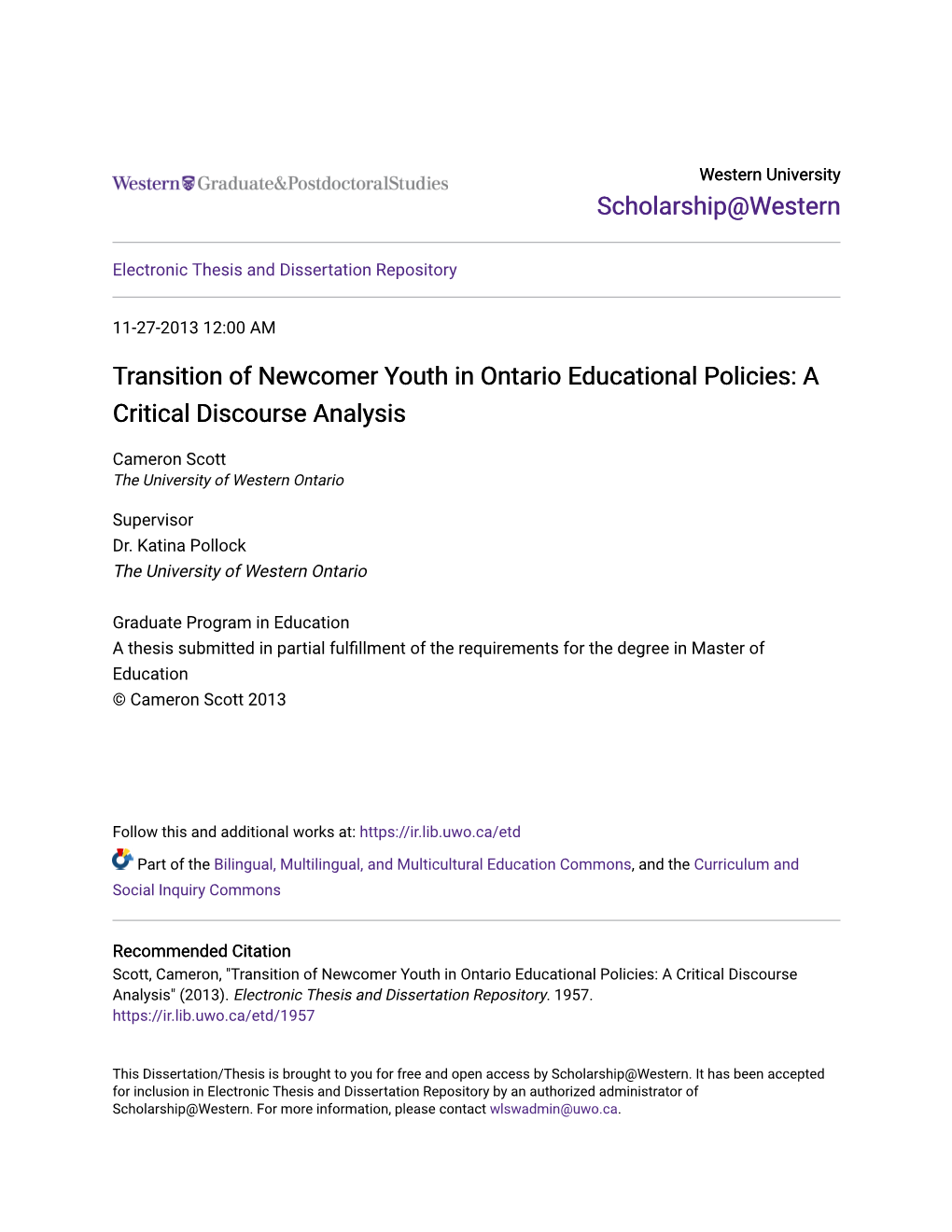 Transition of Newcomer Youth in Ontario Educational Policies: a Critical Discourse Analysis