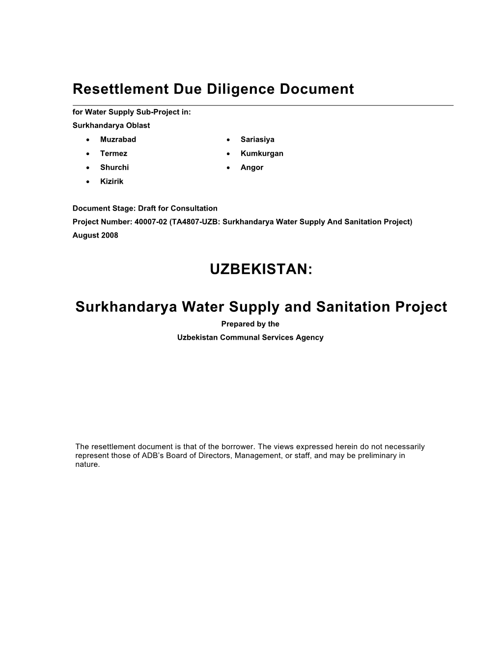 UZBEKISTAN: Surkhandarya Water Supply and Sanitation Project