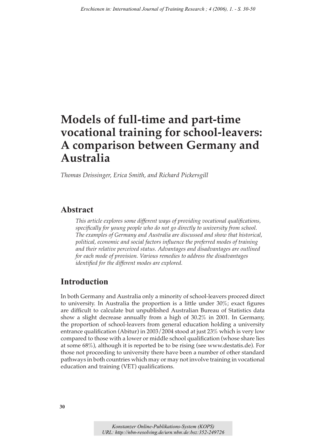 Models of Full-Time and Part-Time Vocational Training for School-Leavers: a Comparison Between Germany and Australia
