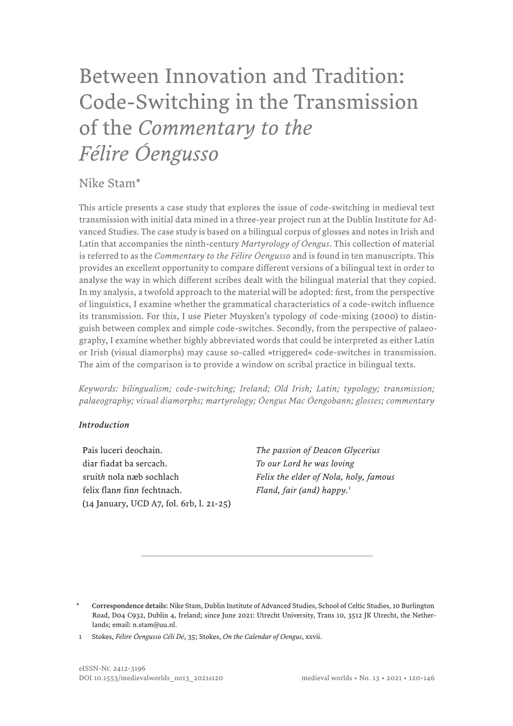 Code-Switching in the Transmission of the Commentary to the Félire Óengusso