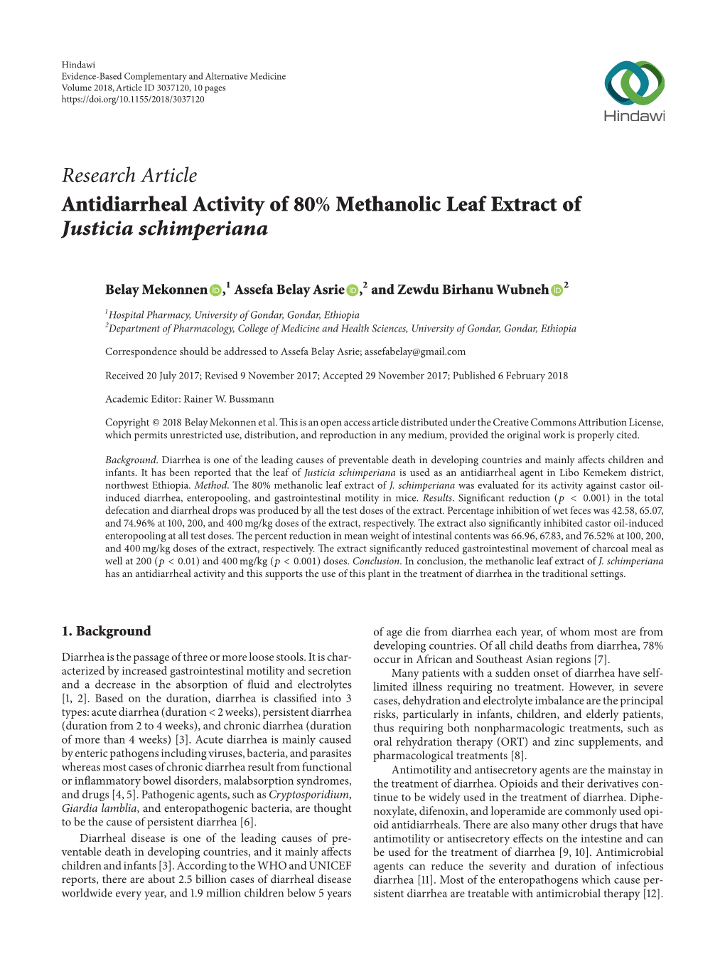 Research Article Antidiarrheal Activity of 80% Methanolic Leaf Extract of Justicia Schimperiana