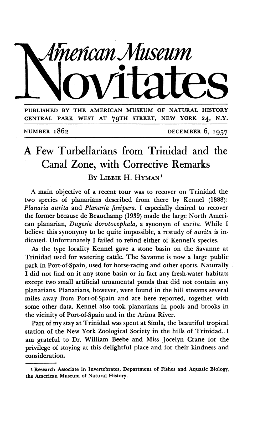 A Few Turbellarians from Trinidad and the Canal Zone, with Corrective Remarks by LIBBIE H