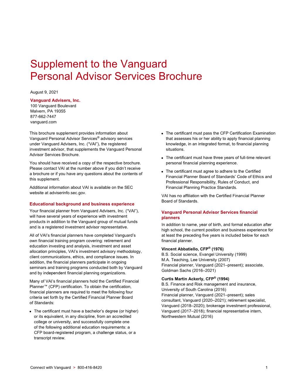 Supplement to the Vanguard Personal Advisor Services Brochure