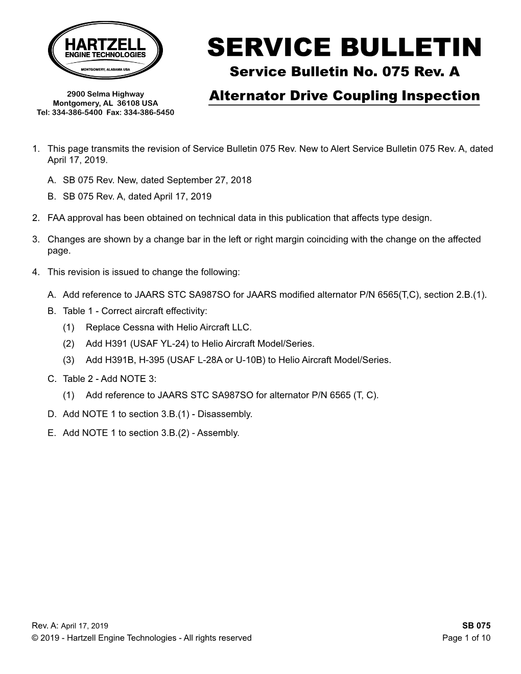 April 17, 2019 Service Bulletin #075 Rev. a Alternator