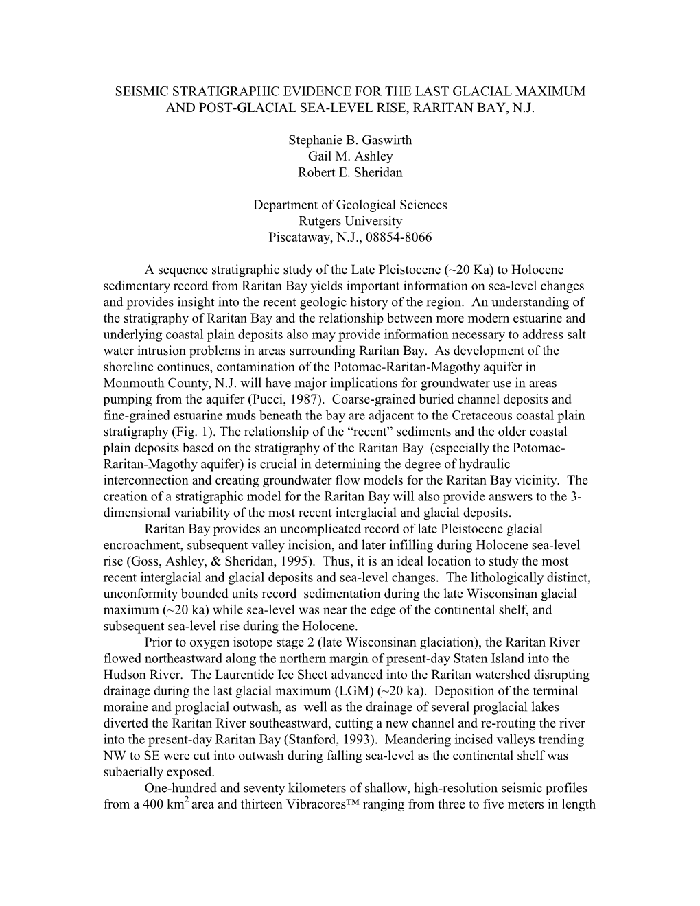 Seismic Stratigraphic Evidence for the Last Glacial Maximum and Post-Glacial Sea-Level Rise, Raritan Bay, N.J