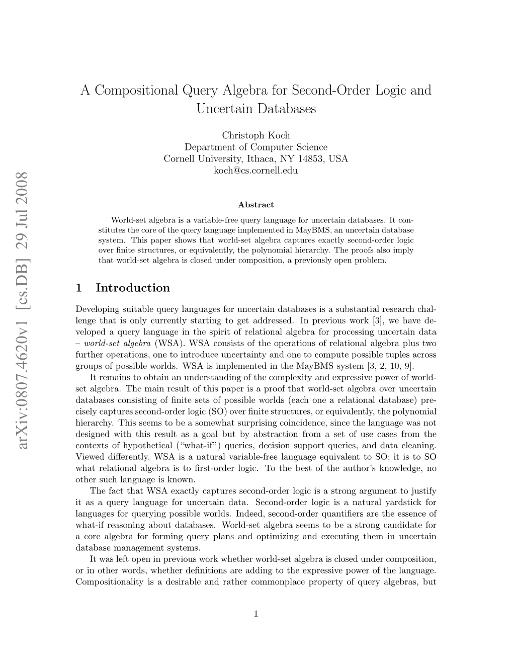 A Compositional Query Algebra for Second-Order Logic and Uncertain