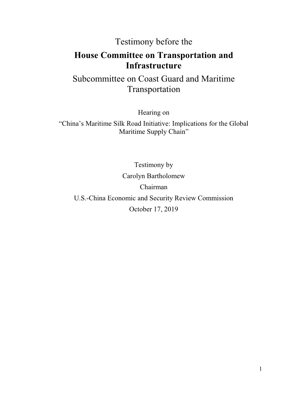 Testimony Before the House Committee on Transportation and Infrastructure Subcommittee on Coast Guard and Maritime Transportation