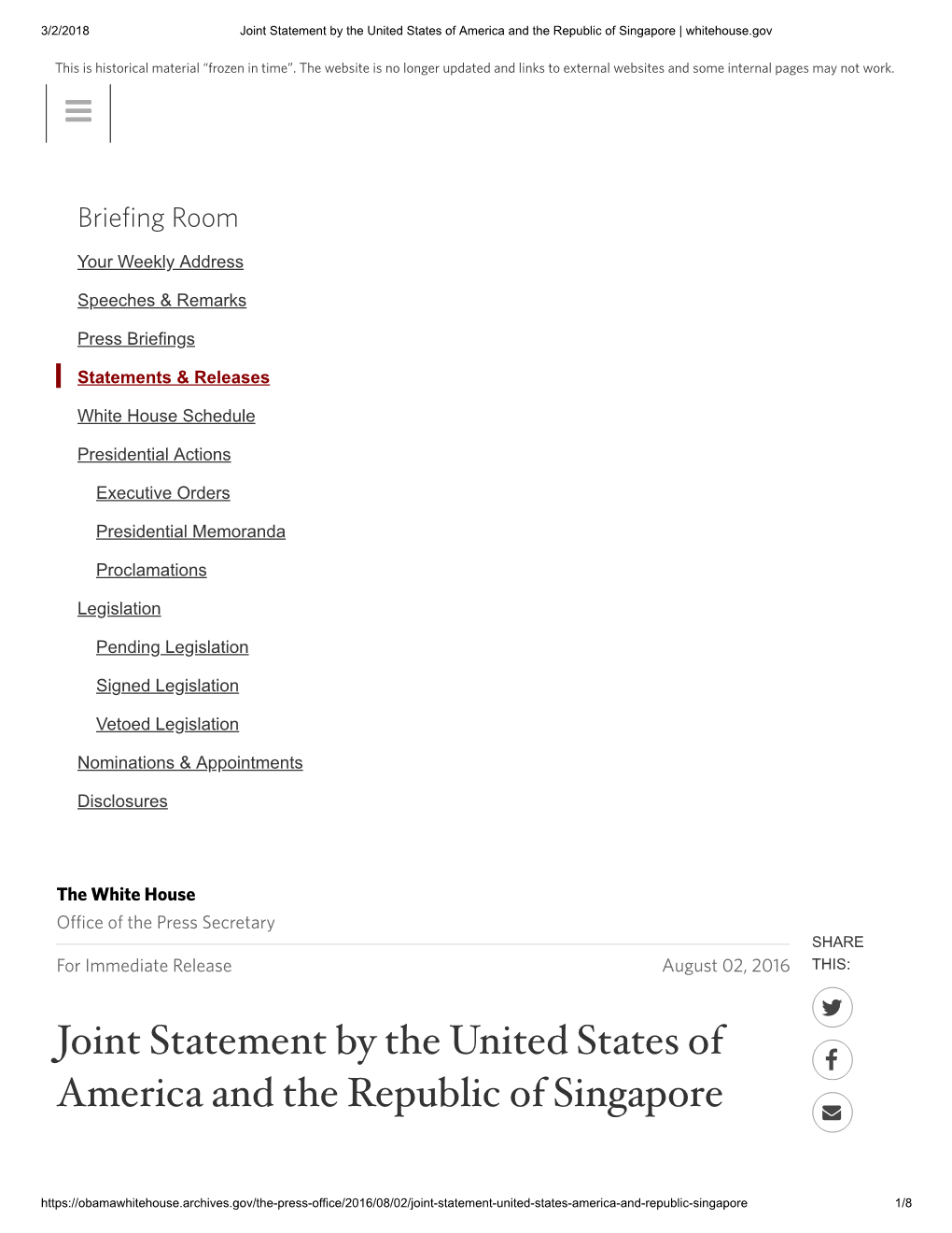 Joint Statement by the United States of America and the Republic of Singapore | Whitehouse.Gov