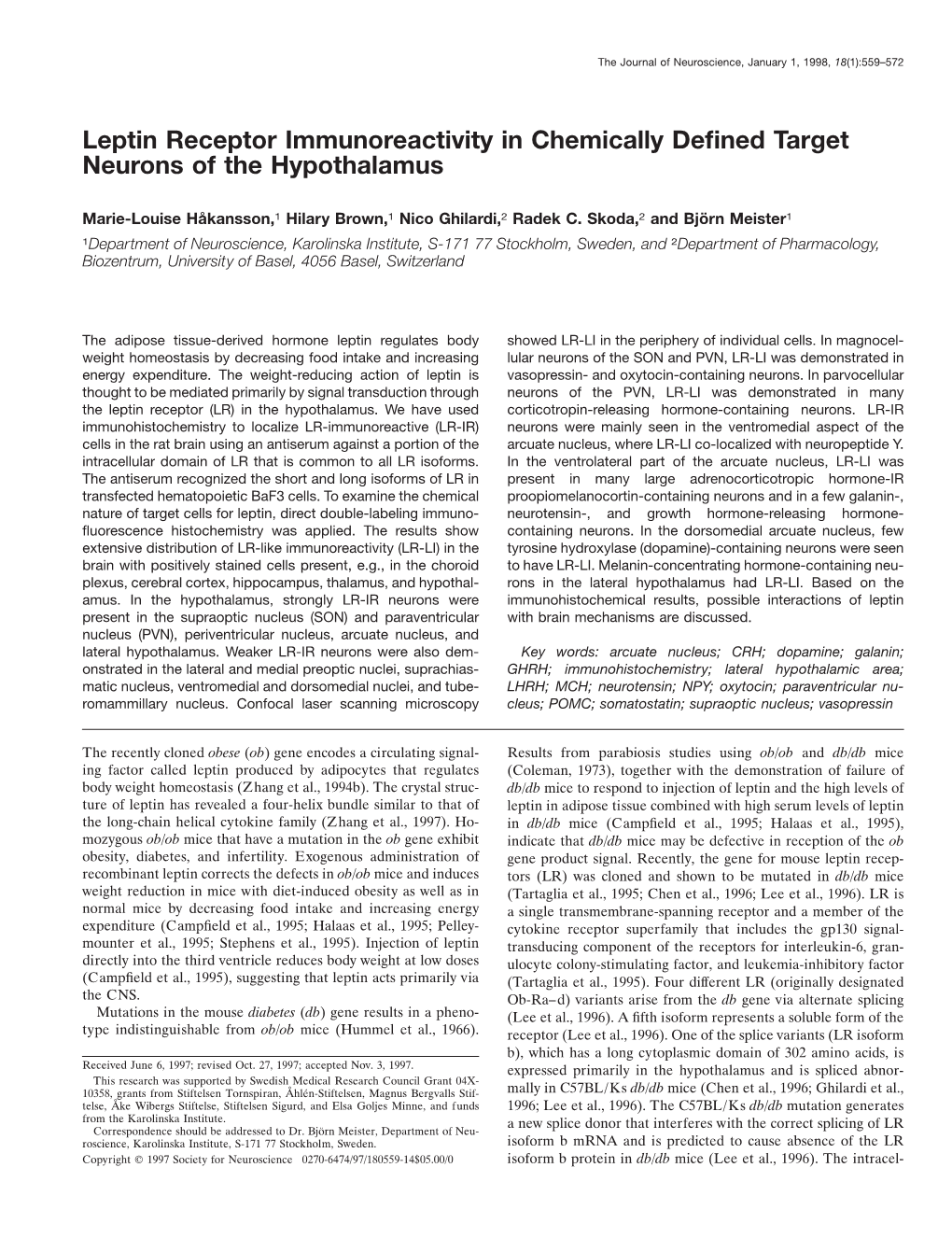 Leptin Receptor Immunoreactivity in Chemically Defined Target Neurons