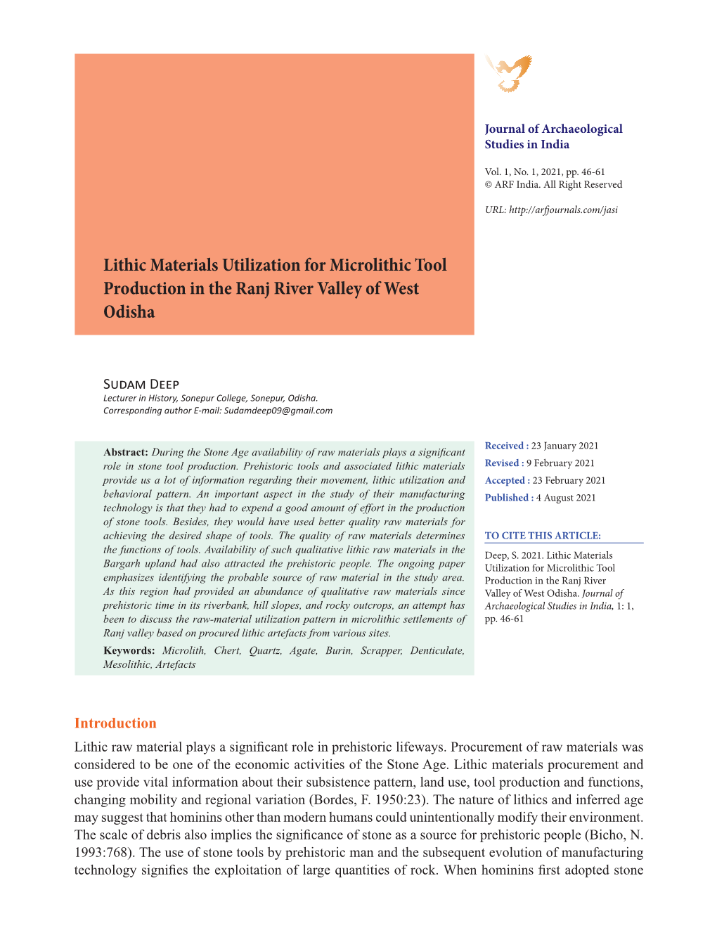 Lithic Materials Utilization for Microlithic Tool Production in the Ranj River Valley of West Odisha