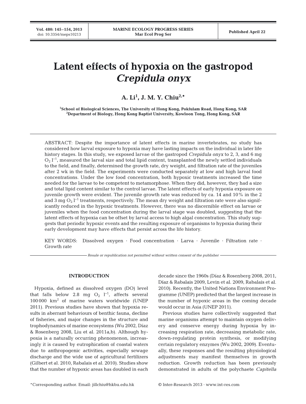 Latent Effects of Hypoxia on the Gastropod Crepidula Onyx