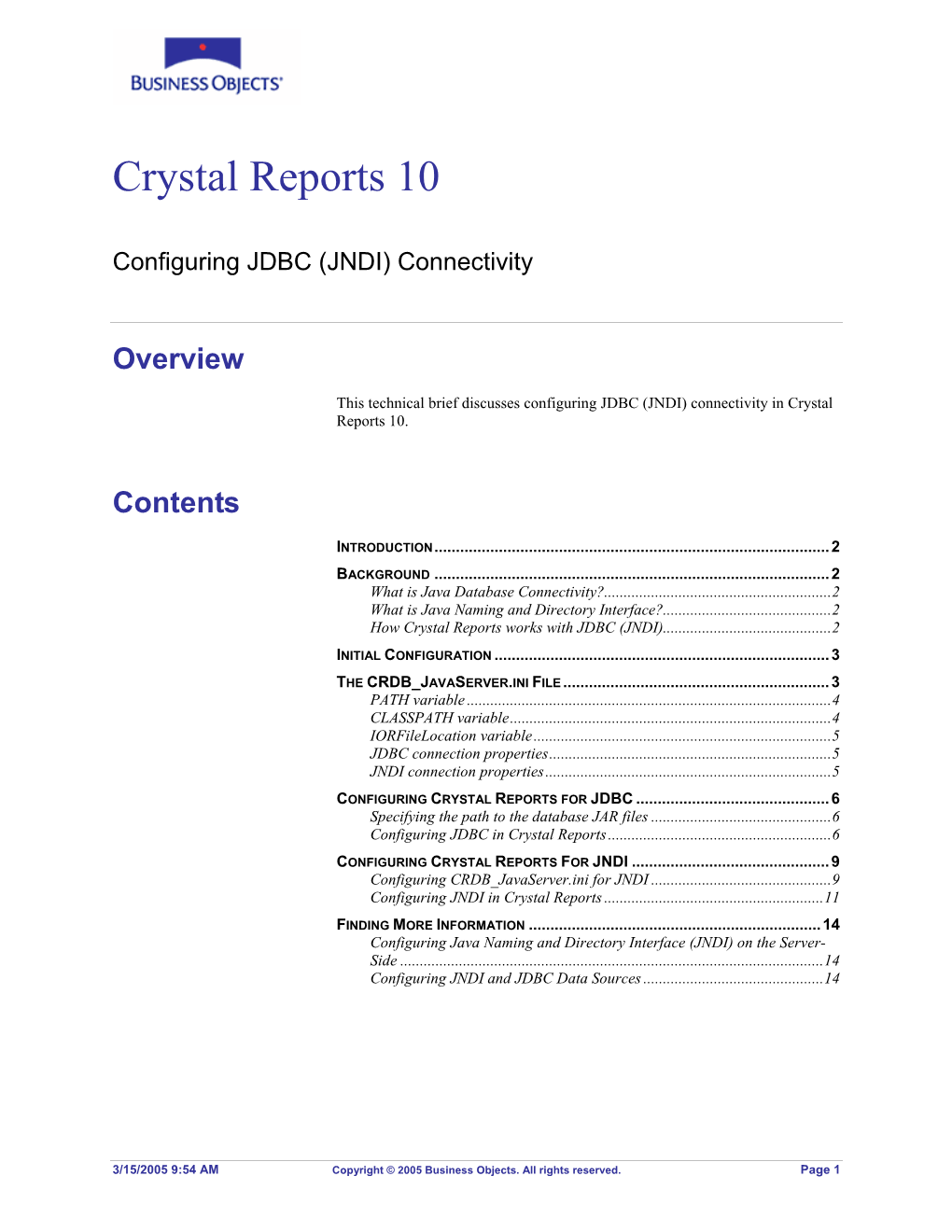 Configuring Crystal Reports for Jdbc