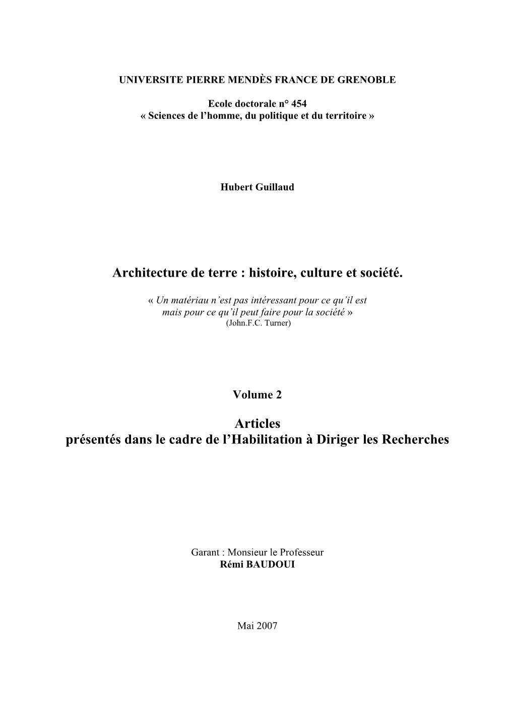 Architecture De Terre : Histoire, Culture Et Société. Articles Présentés Dans