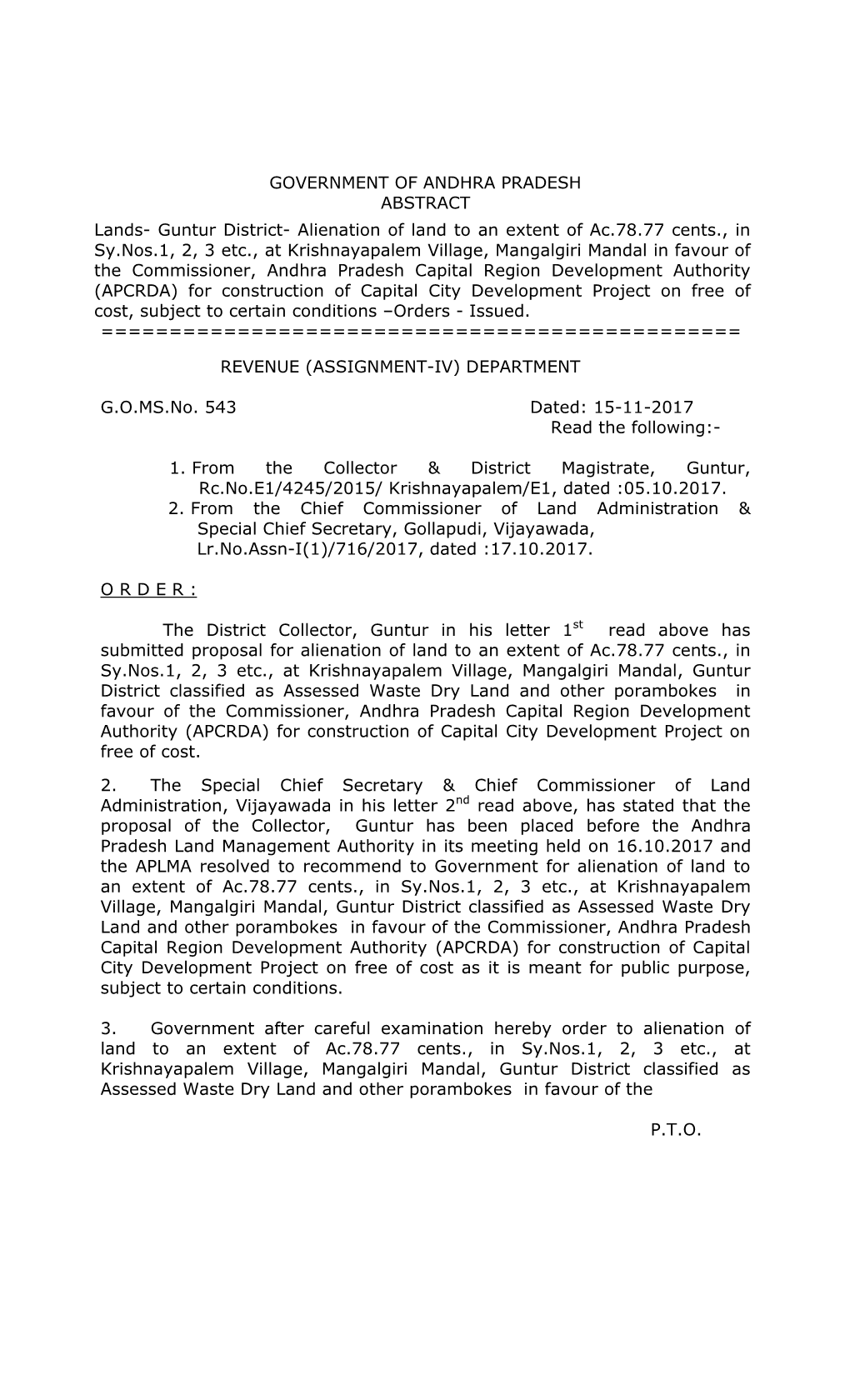 Guntur District- Alienation of Land to an Extent of Ac.78.77 Cents., in Sy.Nos