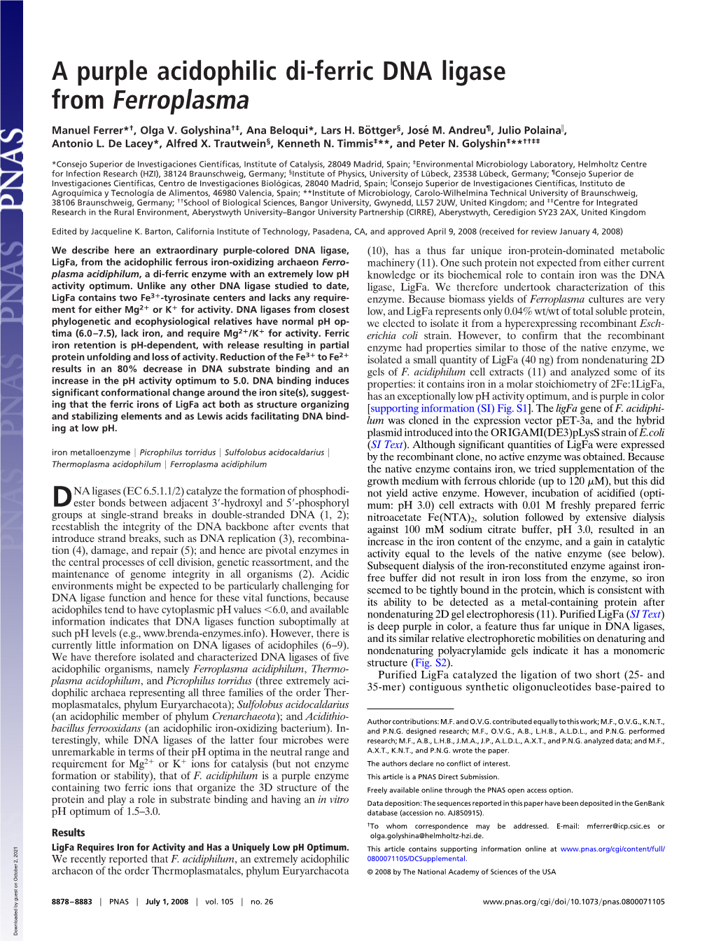 A Purple Acidophilic Di-Ferric DNA Ligase from Ferroplasma