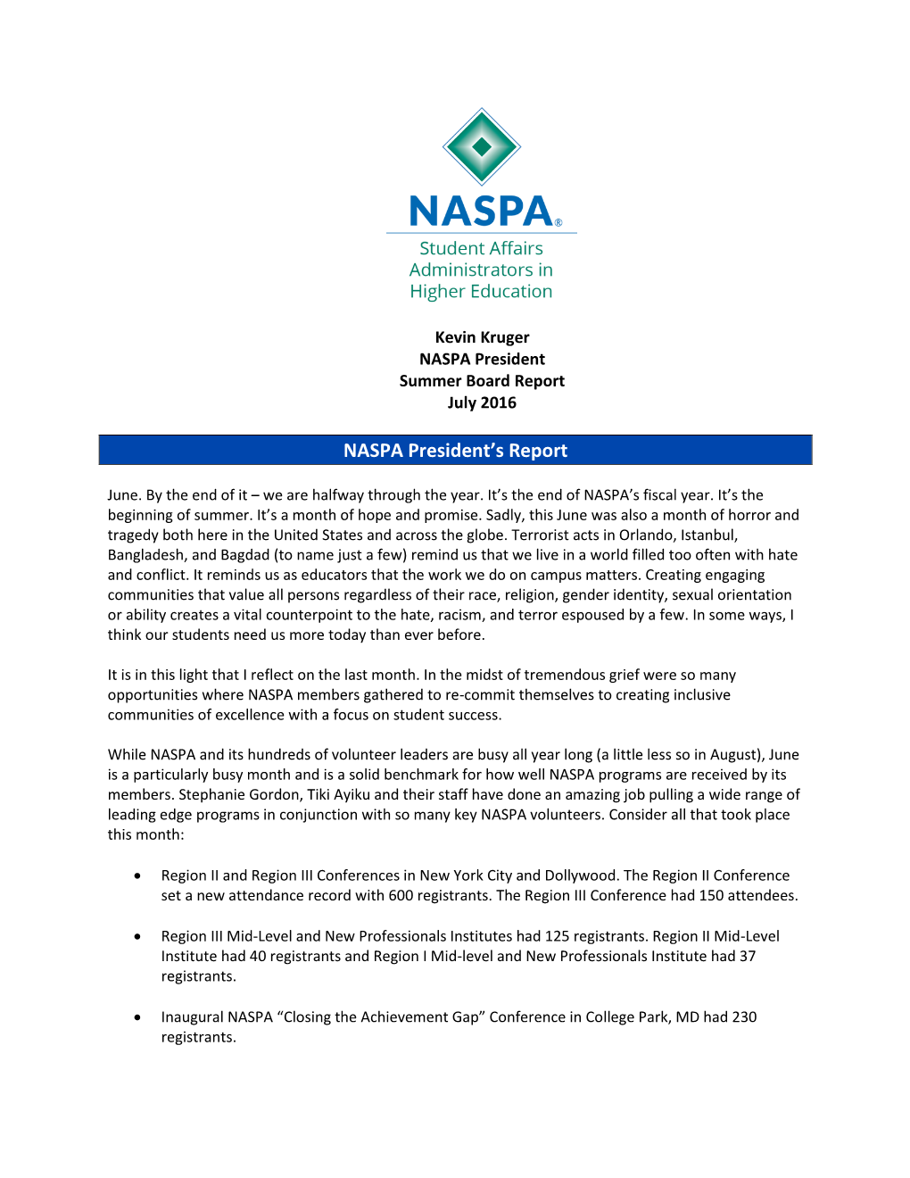 NASPA President's Report