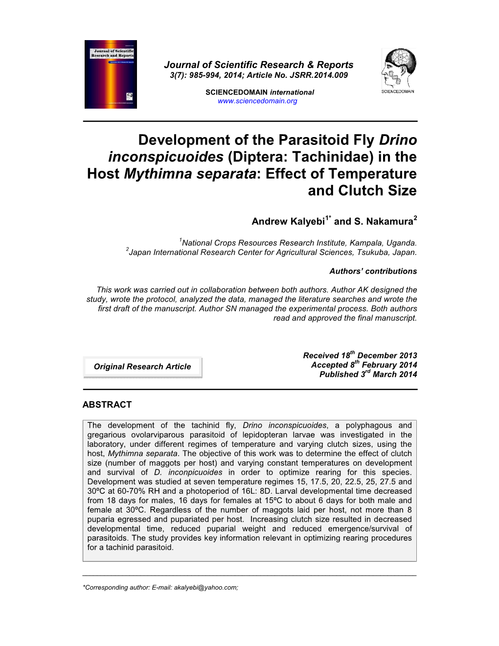 In the Host Mythimna Separata: Effect of Temperature and Clutch Size