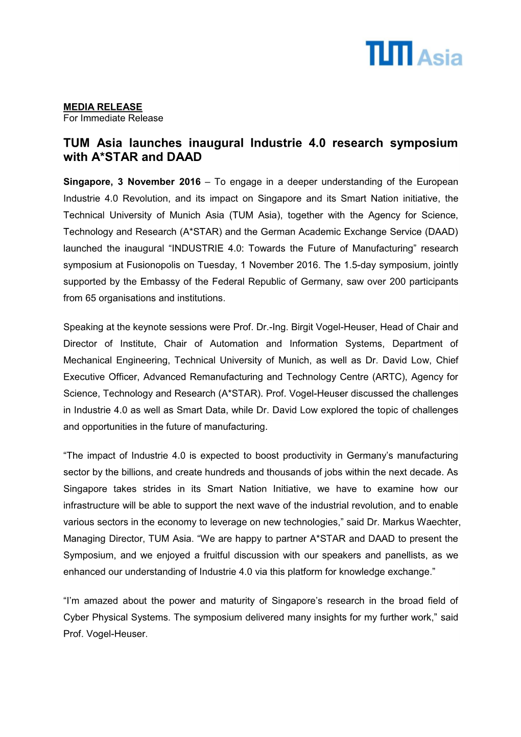 TUM Asia Launches Inaugural Industrie 4.0 Research Symposium with A*STAR and DAAD