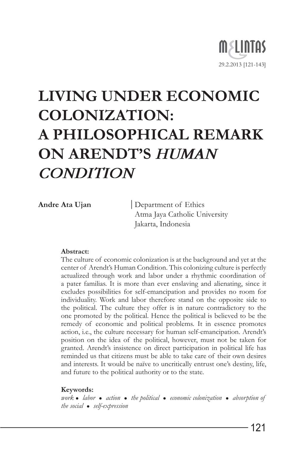 Living Under Economic Colonization: a Philosophical Remark on Arendt’S Human Condition