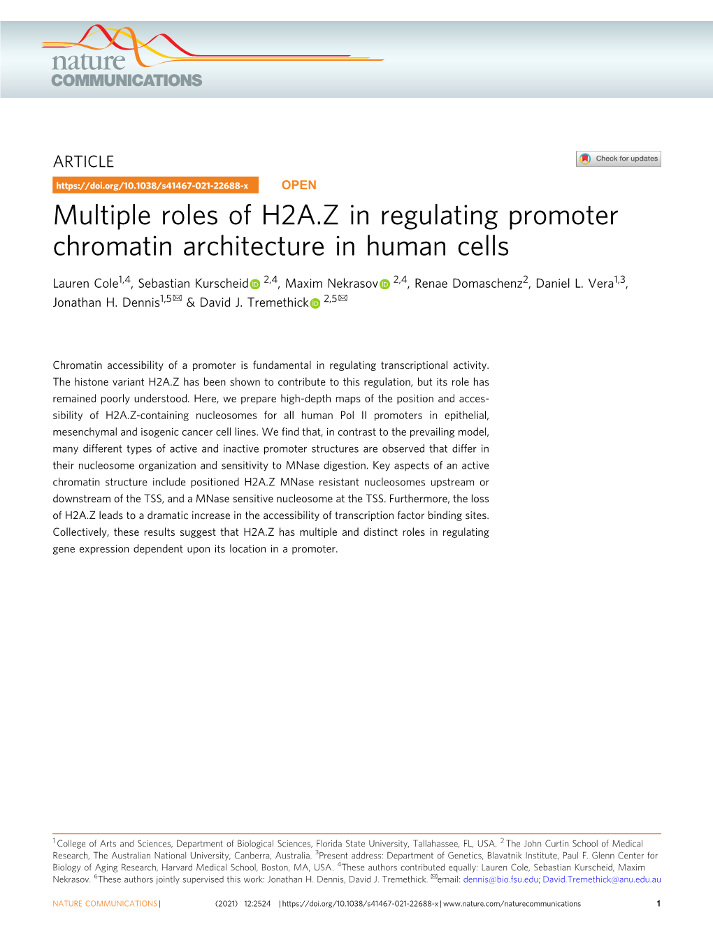 Multiple Roles of H2A.Z in Regulating Promoter Chromatin Architecture in Human Cells