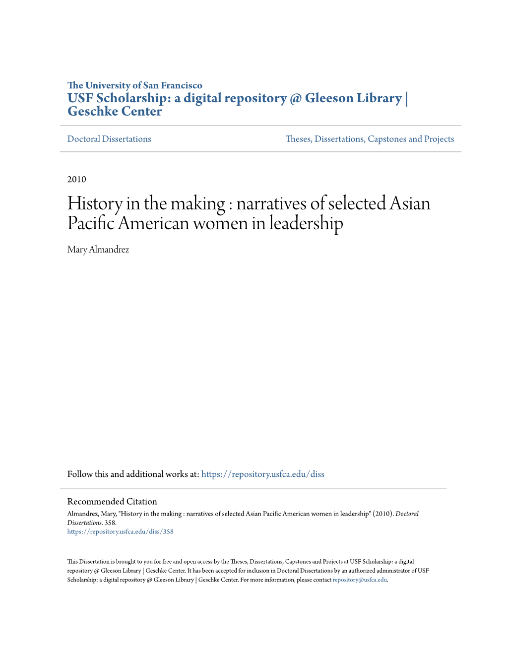 Narratives of Selected Asian Pacific American Women in Leadership Mary Almandrez