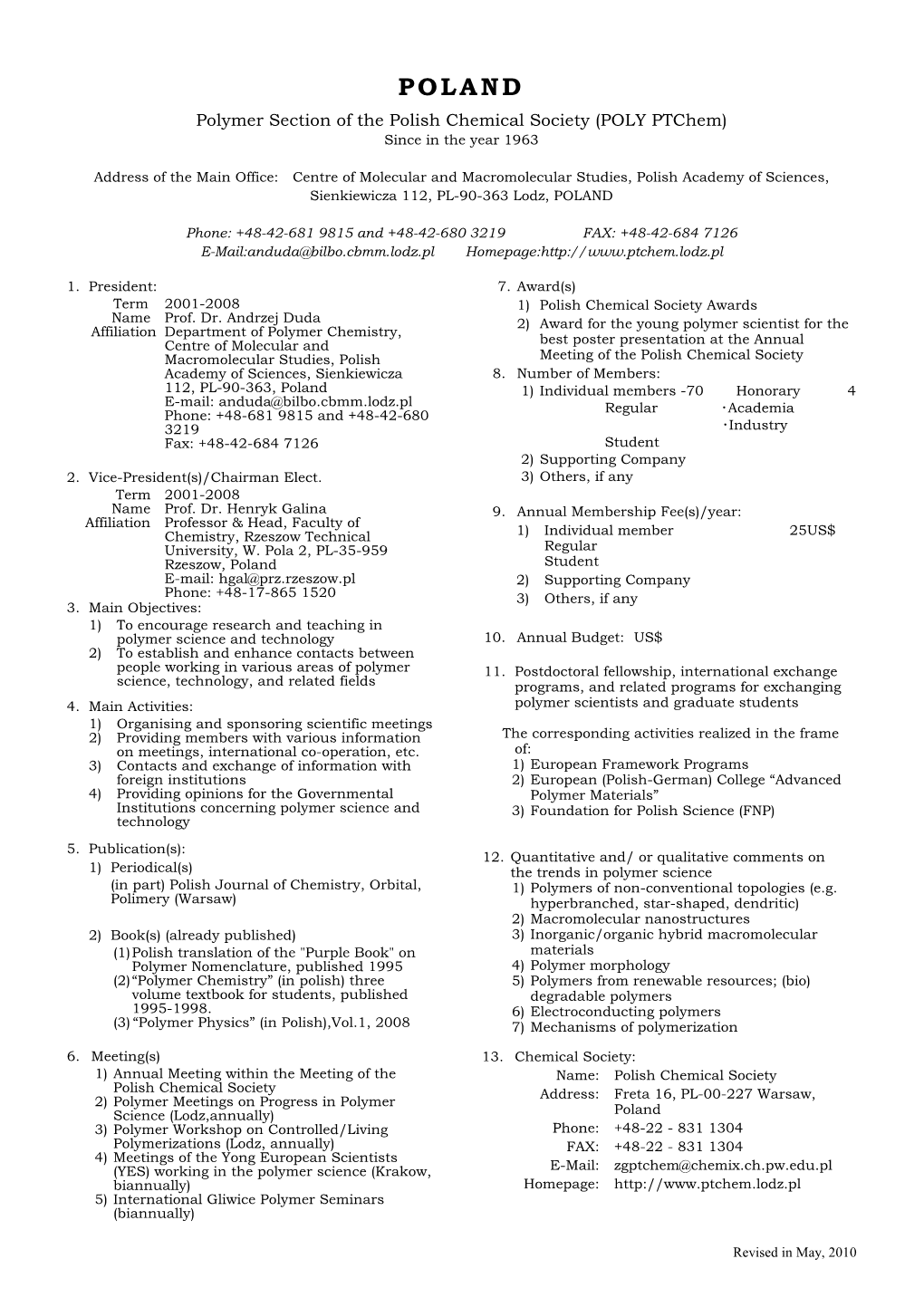 POLAND Polymer Section of the Polish Chemical Society (POLY Ptchem) Since in the Year 1963