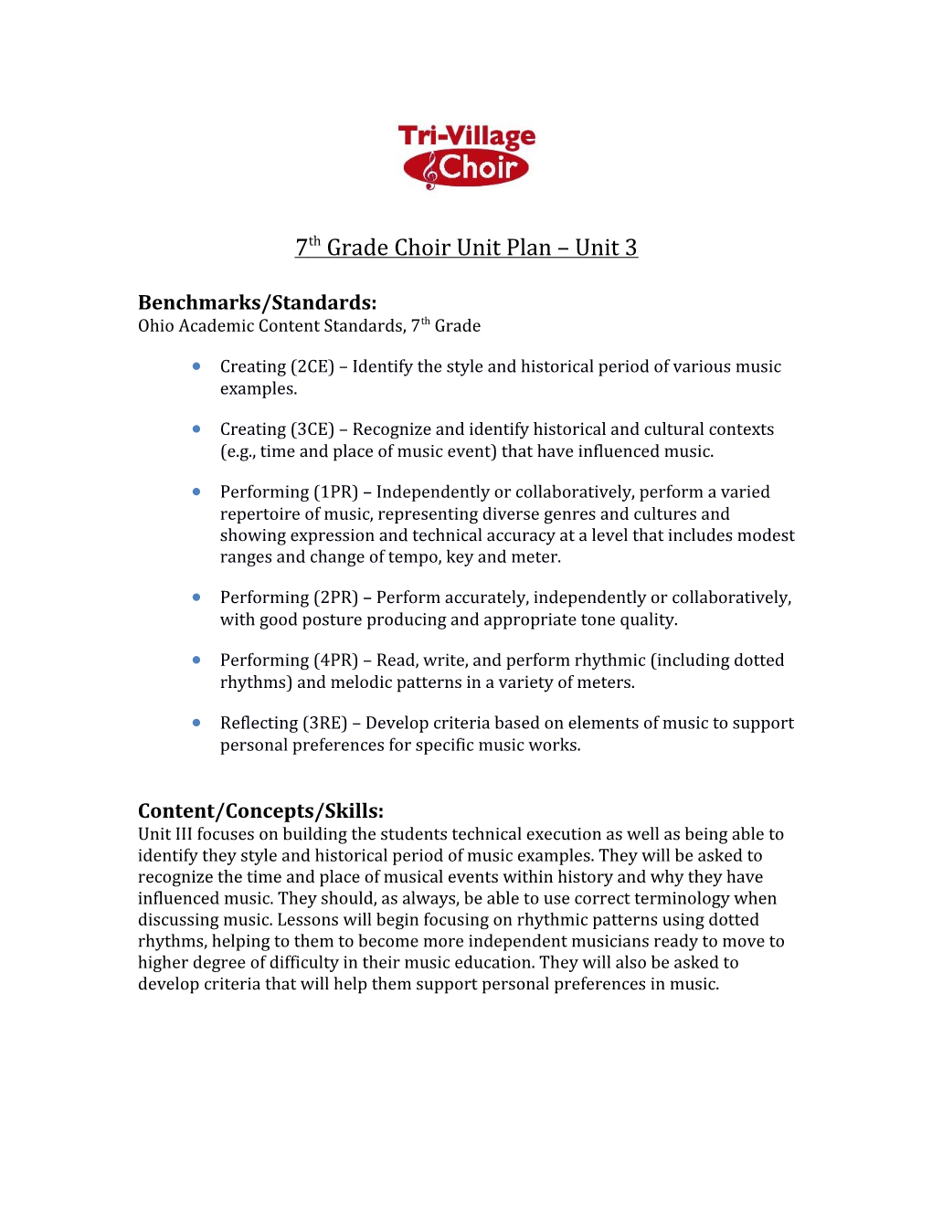 7Th Grade Choir Unit Plan Unit 3