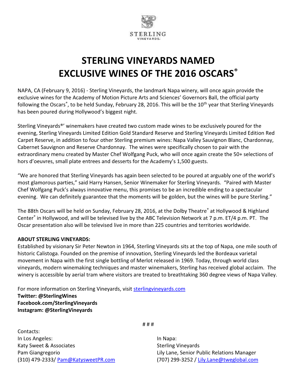 Sterling Vineyards Named Exclusive Wines of the 2016 Oscars®