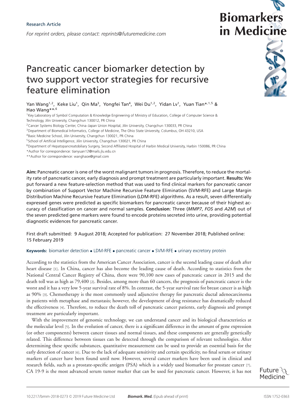 Pancreatic Cancer Biomarker Detection by Two Support Vector Strategies for Recursive Feature Elimination