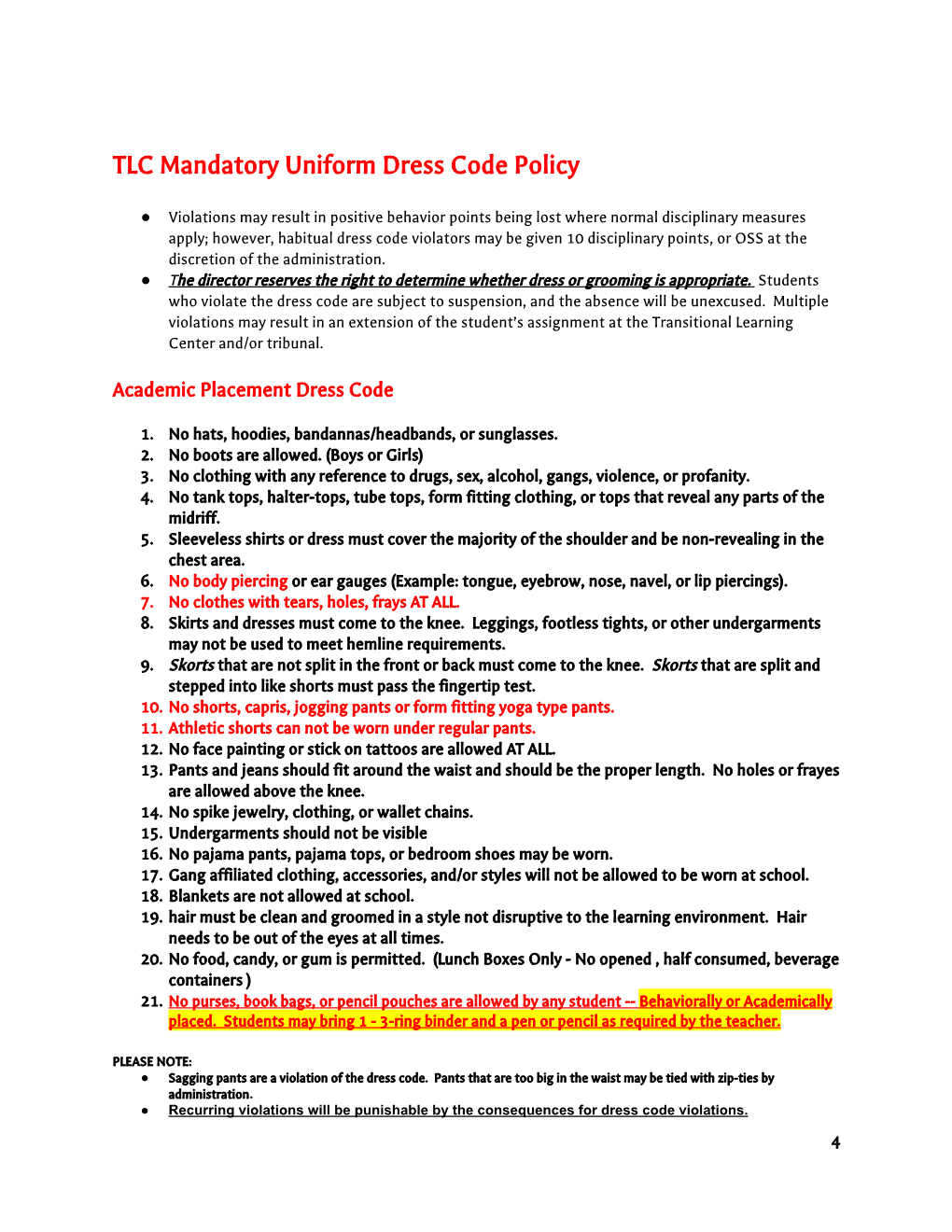 TLC Mandatory Uniform Dress Code Policy