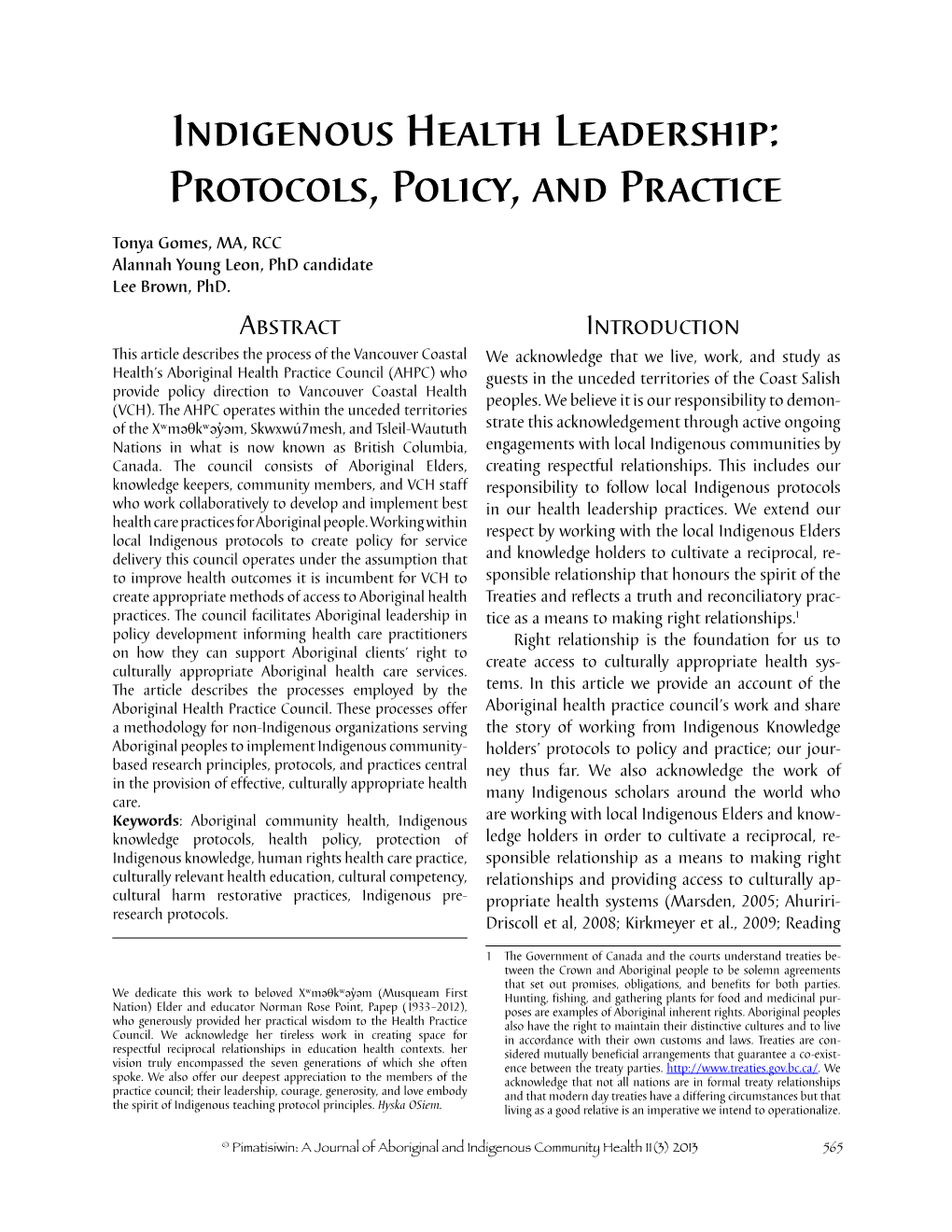 Indigenous Health Leadership: Protocols, Policy, and Practice