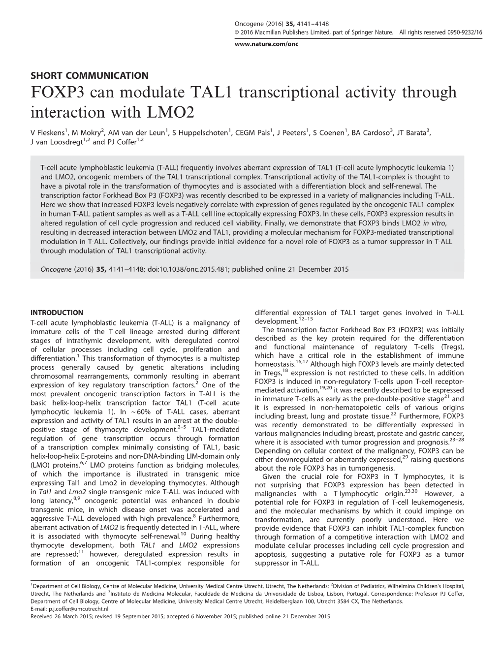 FOXP3 Can Modulate TAL1 Transcriptional Activity Through Interaction with LMO2