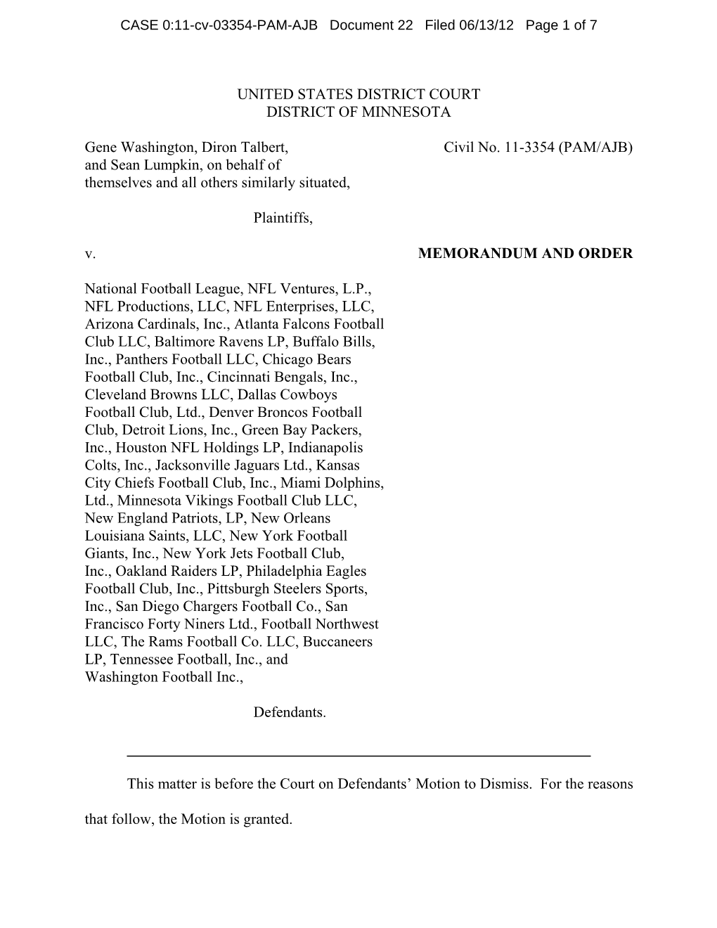 Washington, Et Al. V. NFL, Et Al., 11-CV-3354, PAM/AJB