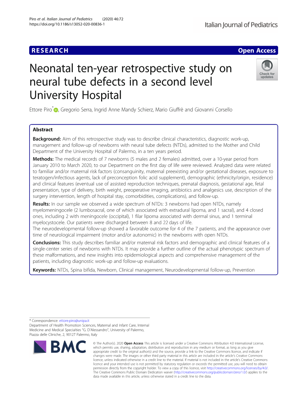 Neonatal Ten-Year Retrospective Study on Neural Tube Defects in a Second