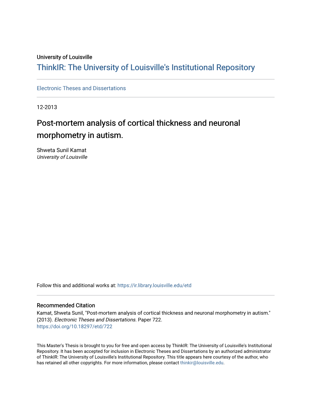 Post-Mortem Analysis of Cortical Thickness and Neuronal Morphometry in Autism