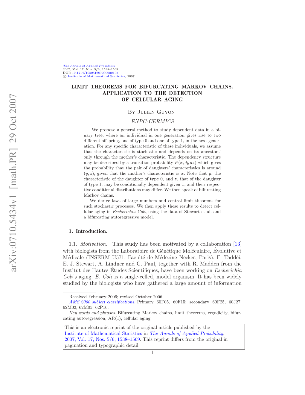 Limit Theorems for Bifurcating Markov Chains. Application to the Detectionof Cellular Aging