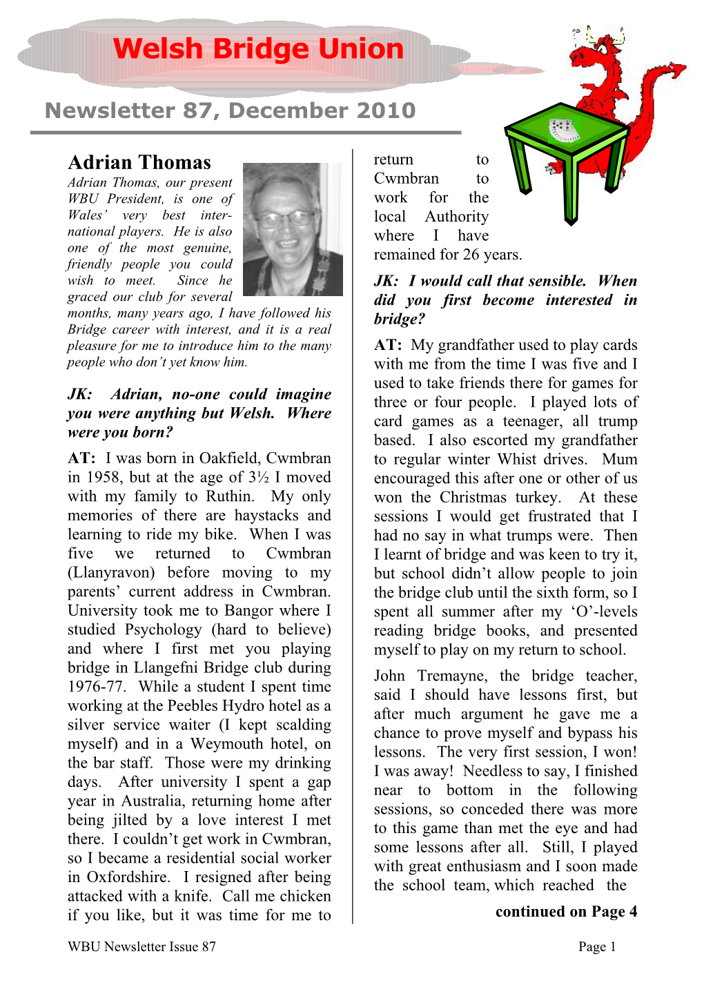 Adrian Thomas Return to Adrian Thomas, Our Present Cwmbran to WBU President, Is One of Work for the Wales’ Very Best Inter- Local Authority National Players